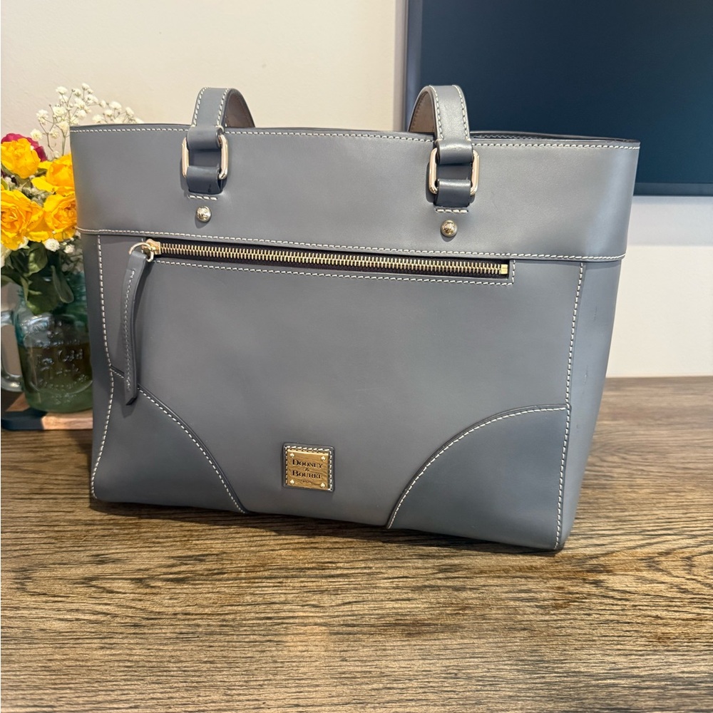 Dooney & Bourke Gray Leather Tote with Front Zip Pocket
